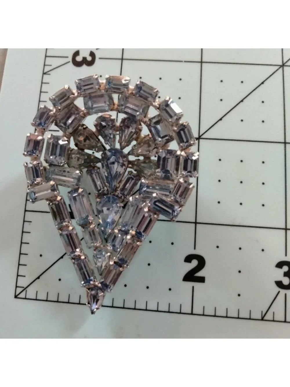 Vintage Blue Rhinestone Brooch Art Deco Style Baguette Teardrop Statement Pin